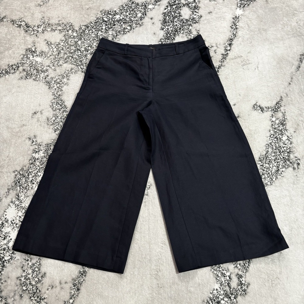 LOFT Womens Size 8 Navy Blue Linen Blend Wide Leg Cropped Pants Trousers Pockets